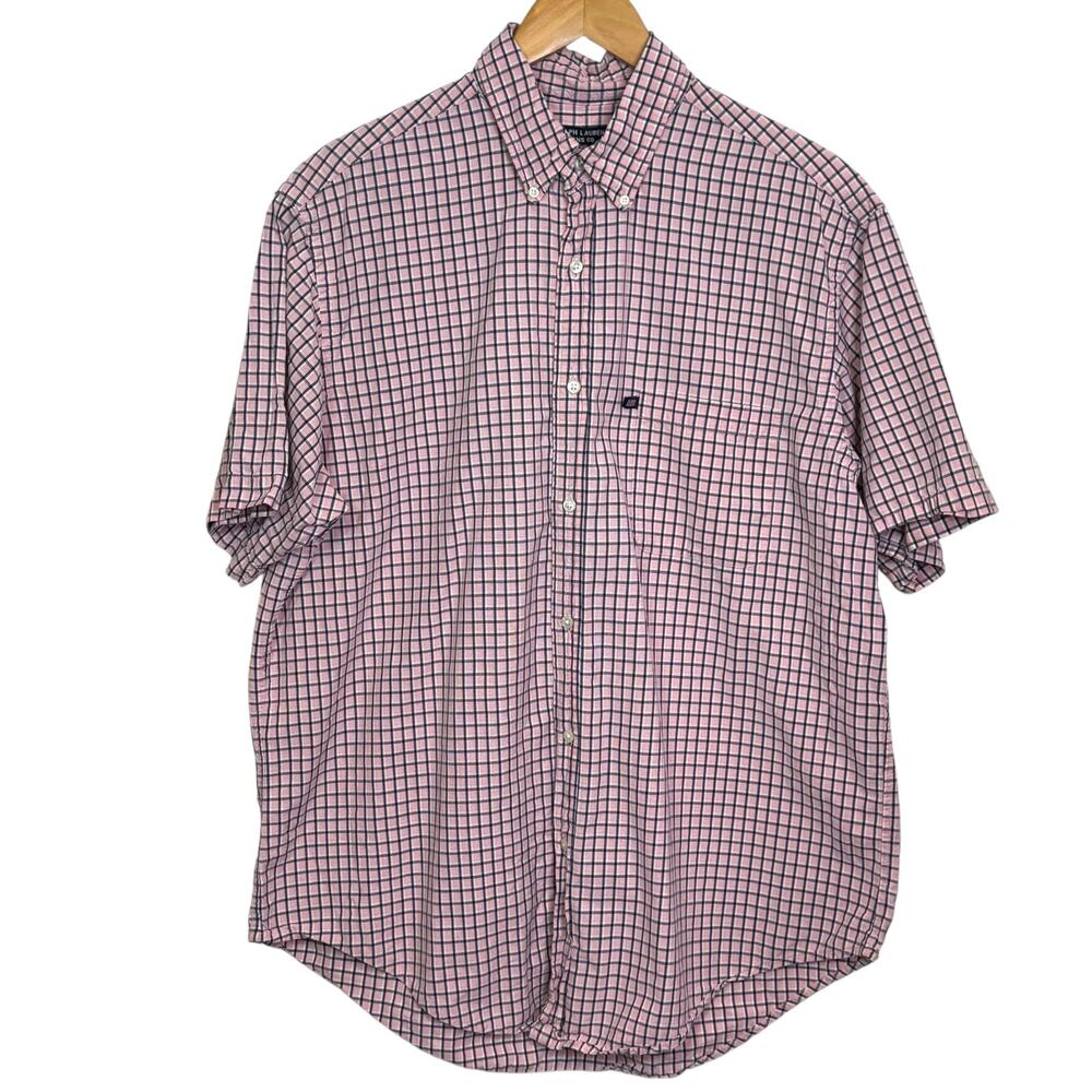 Ralph Lauren Jeans Co Size Large Pink Plaid Short Sleeve Button Up Camp Shirt